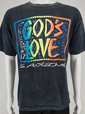 Vintage 1990's "God's Love is Awesome" Rainbow Puff Print Black T-Shirt (L/XL)